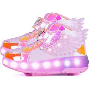 🆕 Men Pink USB Chargable LED Light Up Roller Wheeled Skate Sneaker Shoes Kids